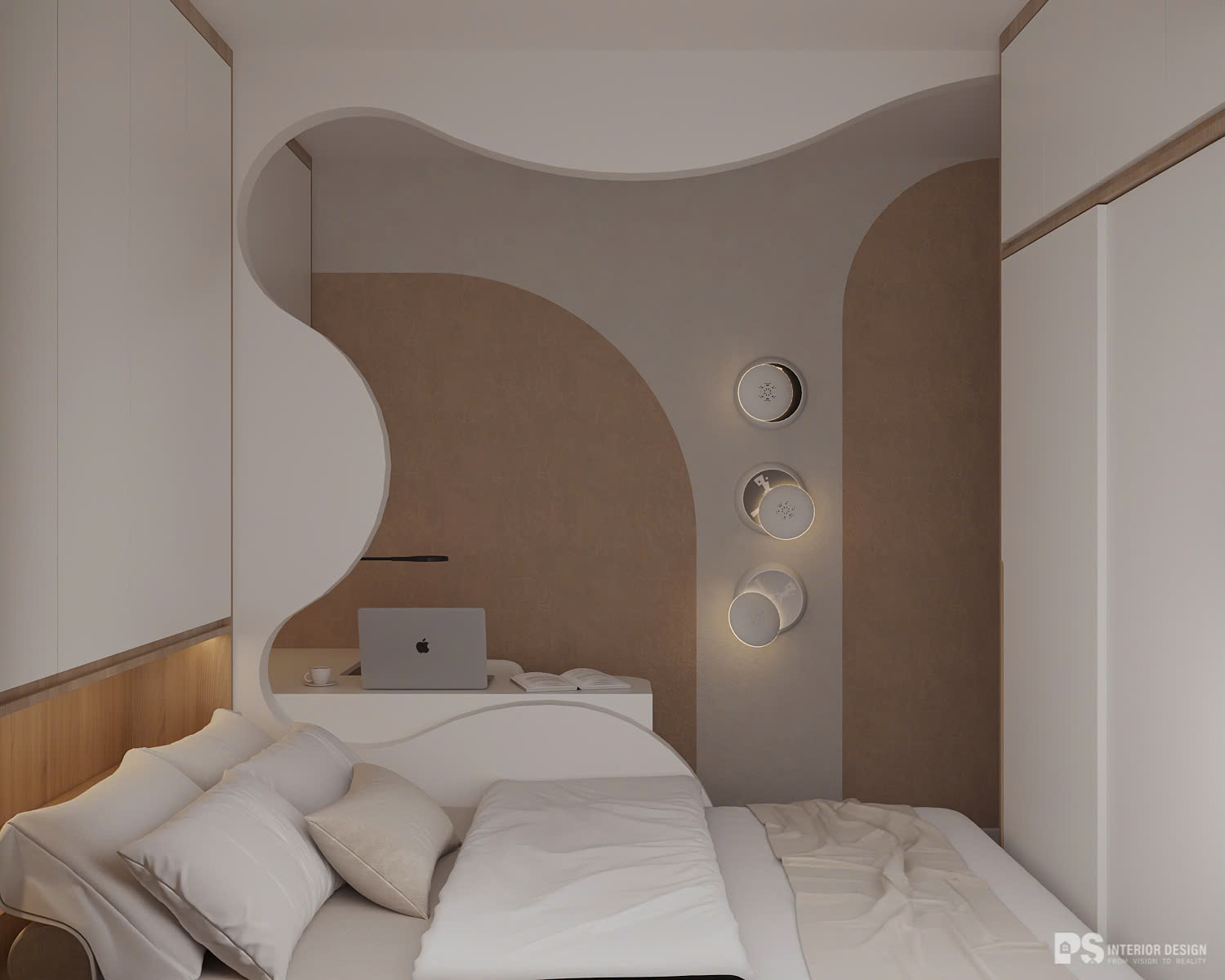 thiết kế nội thất căn hộ The Privia Khang Điền phòng ngủ phụ wabi sabi 